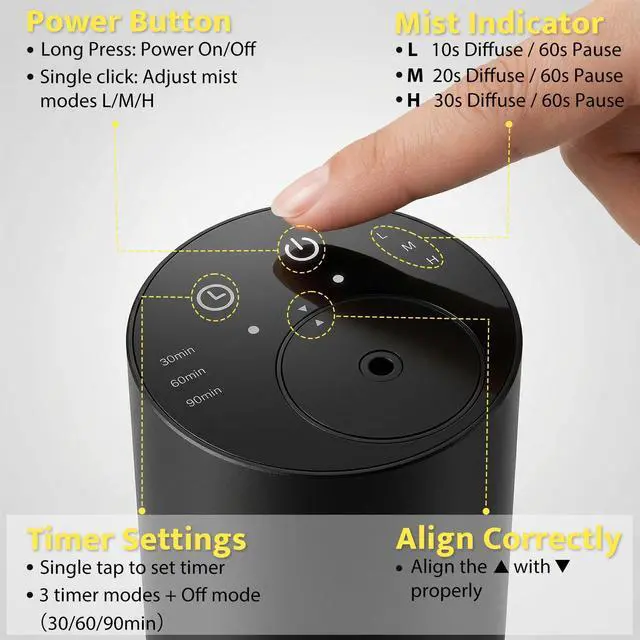 Alt view image 5 of 5 - Waterless Essential Oil Diffuser, Portable Cordless Aromatherapy with 3 Timers & Mist Levels, Rechargeable for Home Car Office, Premium Metal Black