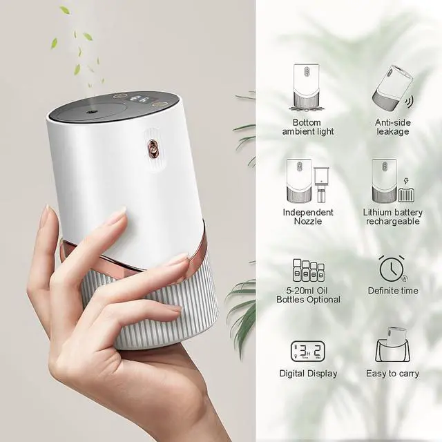 Alt view image 3 of 6 - Waterless Essential Oil Diffuser - Car Aroma Diffuser, Portable Smart Scent Air Machine 1/2/3 & Continuous Mist, Anti-TIPP, Timer Setting and Auto-Off Function (White)