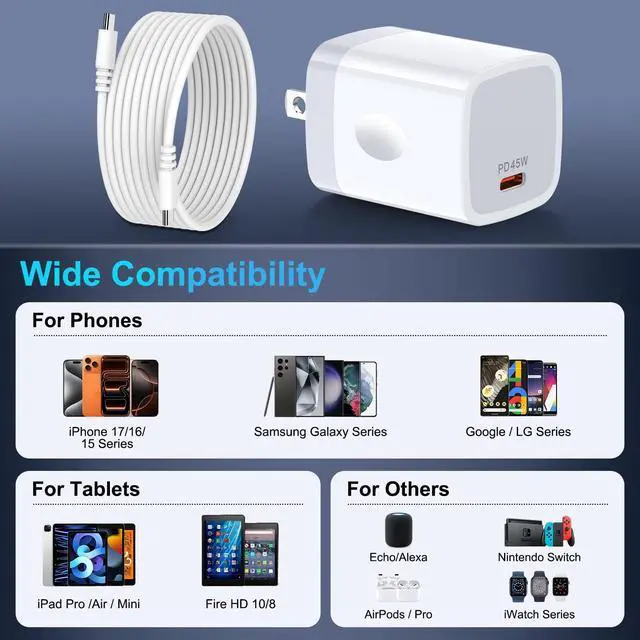 Alt view image 7 of 7 - 45W Super Fast Charger Samsung Galaxy S26 Ultra USB-C Charging Block with Type C Android Charger Cable for Samsung Galaxy S26 Plus/S25 Ultra/S25/S24/S23/S22/S21/S20/A37/A17/A16/A15/iPhone 17e/17/16/15