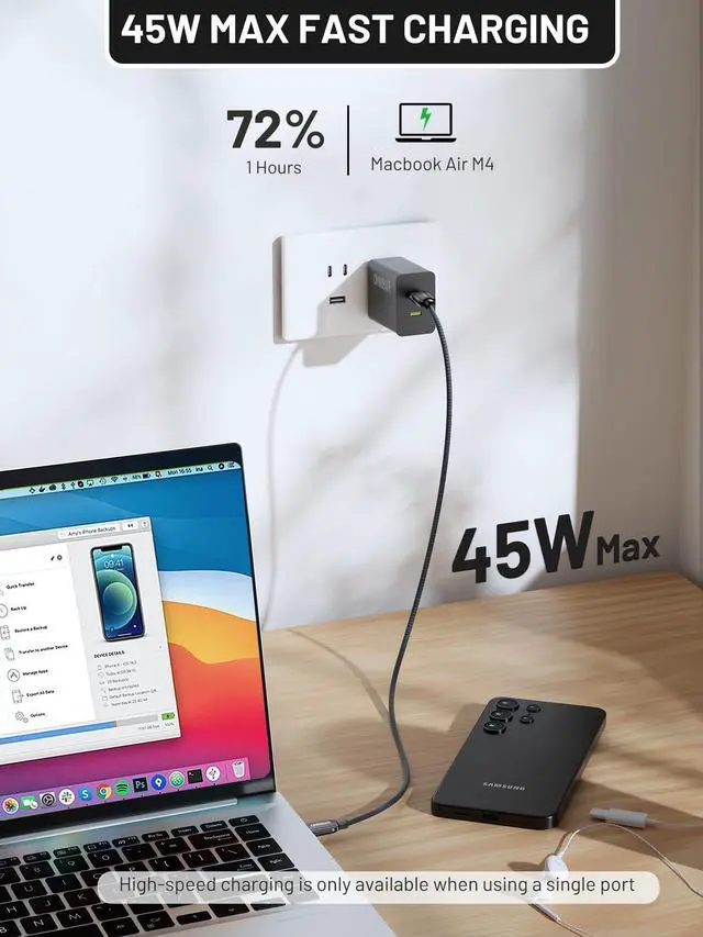 Alt view image 2 of 7 - 45W Super Fast Charger USB C Dual Port Android Phone Charger Type C Fast Charging Block, Foldable PD3.0 PPS USB C Wall Charger for Samsung S26/S25/S24/S23/S22, iPhone 17/16/15, iPad, Black