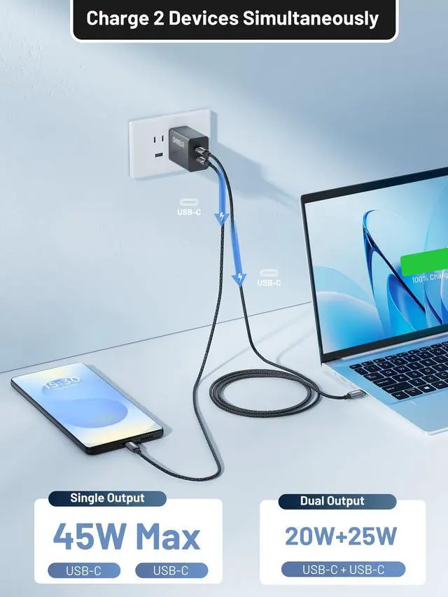 Alt view image 4 of 7 - 45W Super Fast Charger USB C Dual Port Android Phone Charger Type C Fast Charging Block, Foldable PD3.0 PPS USB C Wall Charger for Samsung S26/S25/S24/S23/S22, iPhone 17/16/15, iPad, Black