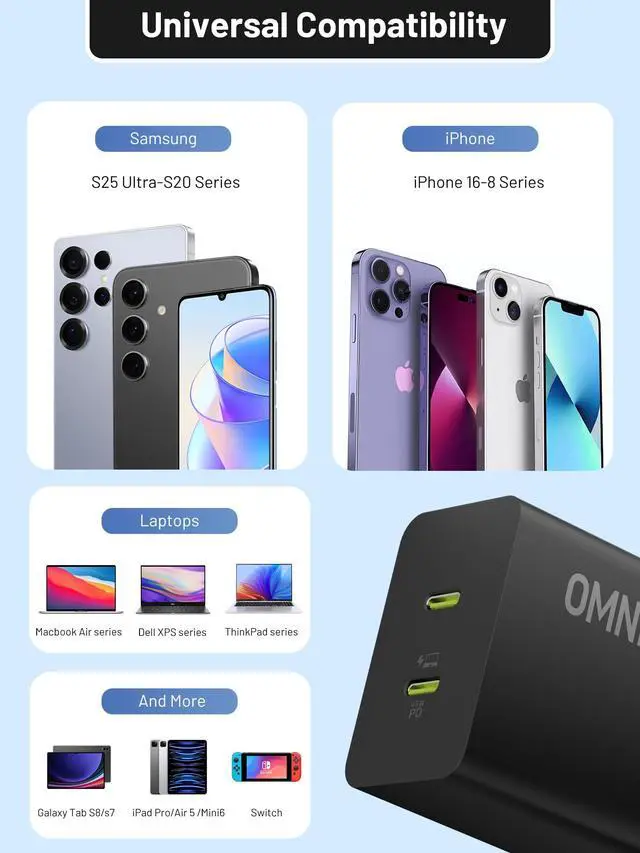 Alt view image 7 of 7 - 45W Super Fast Charger USB C Dual Port Android Phone Charger Type C Fast Charging Block, Foldable PD3.0 PPS USB C Wall Charger for Samsung S26/S25/S24/S23/S22, iPhone 17/16/15, iPad, Black