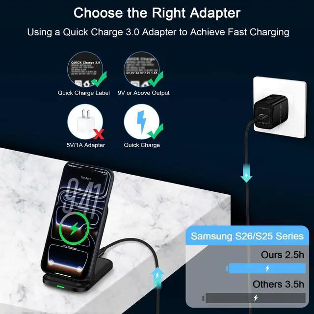 Alt view image 6 of 7 - Wireless Charger Samsung Fast Charging 15W Foldable Fast Wireless Charger Stand Desk Compatible with Samsung Galaxy S26 Ultra S26 Plus S25 FE S25 Edge S25 Ultra S24 FE S23 Z Fold Flip 7 6,with Adapter