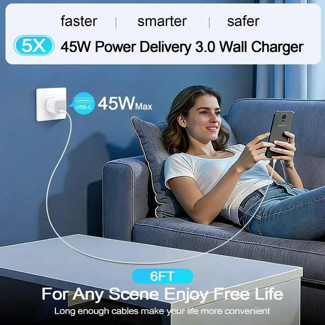 Alt view image 6 of 7 - 45W Super Fast Charger Samsung Galaxy S26 Ultra USB-C Charging Block with Type C Android Charger Cable for Samsung Galaxy S26 Plus/S25 Ultra/S25/S24/S23/S22/S21/S20/A37/A17/A16/A15/iPhone 17e/17/16/15