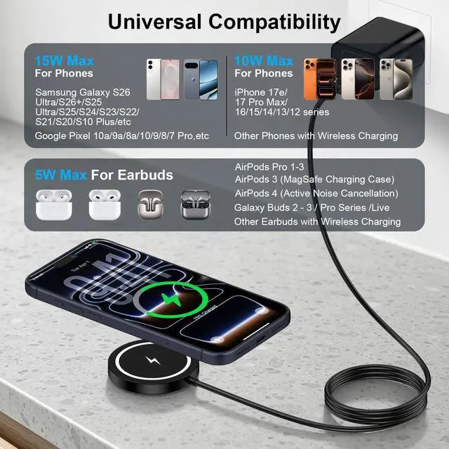 Alt view image 6 of 6 - Magnetic Wireless Charger for Samsung Magsafe Charger Fast Charging Pad for Android Samsung Galaxy S26 Ultra/S26 Plus/S25 Ultra/S24/S23/S22/S20 Plus/15W Strong Magnet Charger Pad with USB-C/A Ports