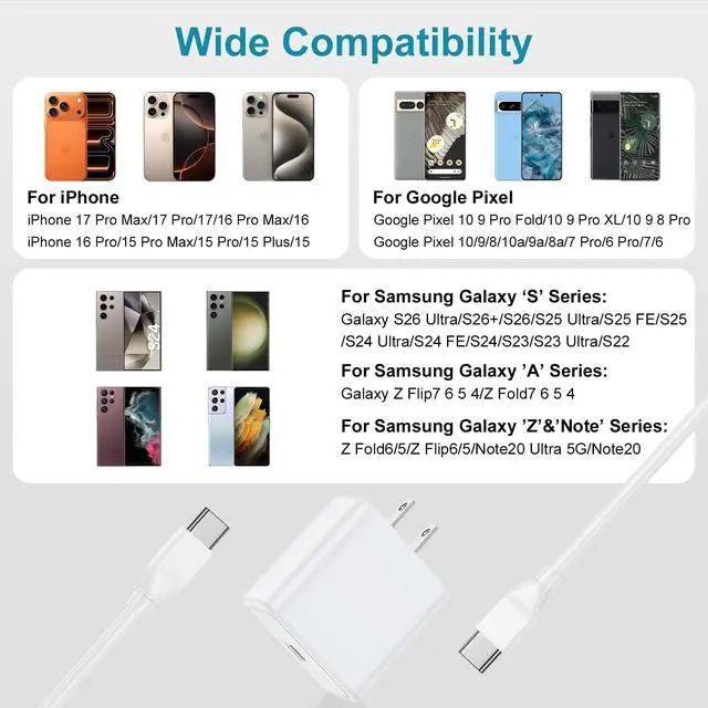 Alt view image 6 of 6 - 65W Super Fast Wall Charger,USB Charger Fast Charging for Samsung Galaxy S26 Ultra S25 FE S25 Ultra S24 S23 A16 A56 A36;USB C Block with 6FT C to C Cable for iPad iPhone 17 Pro Max 16 Pro 15,White