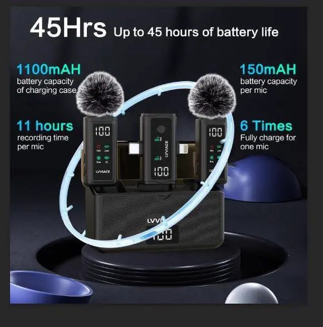 Alt view image 2 of 7 - 3 in 1 Wireless Microphone for iPhone, Android, Camera,Wireless Lavalier Microphone, Noise Cancellation with 45 Hours Transmitter Digital Display Charging Case for Video Recording, Streaming