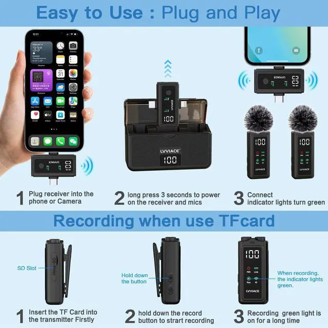 Alt view image 6 of 7 - 3 in 1 Wireless Microphone for iPhone, Android, Camera,Wireless Lavalier Microphone, Noise Cancellation with 45 Hours Transmitter Digital Display Charging Case for Video Recording, Streaming