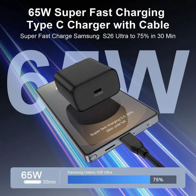 Alt view image 2 of 7 - 65W Super Fast Charger Type C for Samsung Galaxy S26 Ultra S26+ S26 S25 FE S25 Ultra S24 S23 S22 S21 A57 A56 A37 A36 A17 A16 A15 A14 5G, USB C Power Adapter Fast Charging Block Android Phone Charger