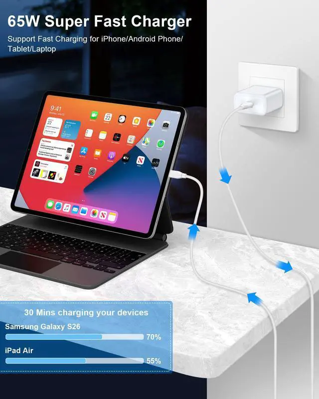 Alt view image 2 of 7 - 65W Super Fast Samsung S26 Ultra Charger, Type C Samsung Fast Charging Cord for Samsung Galaxy S26 Ultra S25 FE S24+ S24 Ultra S23 S22 A17 A16 A56 A55, Android Samsung Charging Block & 6ft USB C Cable