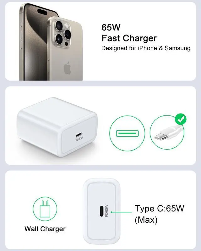 Alt view image 3 of 7 - 65W Super Fast Samsung S26 Ultra Charger, Type C Samsung Fast Charging Cord for Samsung Galaxy S26 Ultra S25 FE S24+ S24 Ultra S23 S22 A17 A16 A56 A55, Android Samsung Charging Block & 6ft USB C Cable