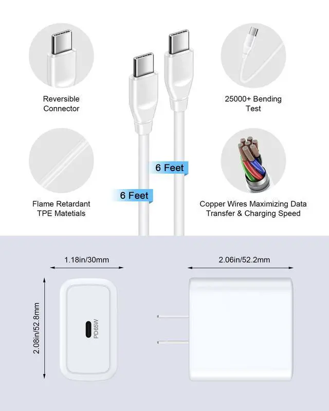 Alt view image 4 of 7 - 65W Super Fast Samsung S26 Ultra Charger, Type C Samsung Fast Charging Cord for Samsung Galaxy S26 Ultra S25 FE S24+ S24 Ultra S23 S22 A17 A16 A56 A55, Android Samsung Charging Block & 6ft USB C Cable