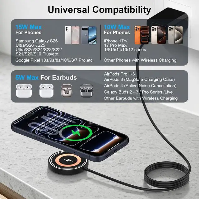Alt view image 6 of 7 - Magnetic Samsung Wireless Charger Mag-Safe Fast Charging Pad for Samsung Galaxy S26 Ultra/S26 Plus/S25/S24/S23/S22/S21/S20/iPhone 17e/17/16/15/14/13/12/2Pack 15W Wireless Fast Charger with Dual Ports