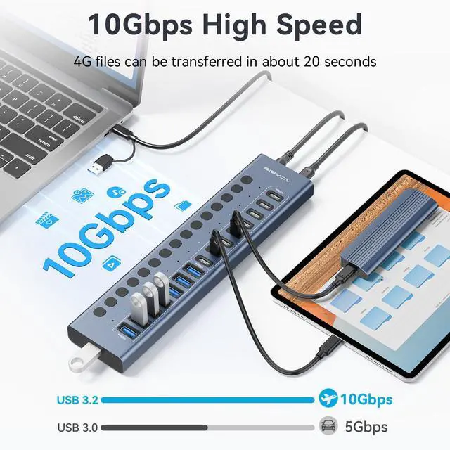 Alt view image 4 of 7 - Powered USB 3.2 Hub, ACASIS 16 Ports USB 3.2 Hub(8 USB-A 3.2 Ports+8 USB-C 3.2 Ports), Aluminum USB Hub Powered with 96W Power Adapter, USB Hub for PC/Laptop, Computer, Flash Drive, Printer, Camera