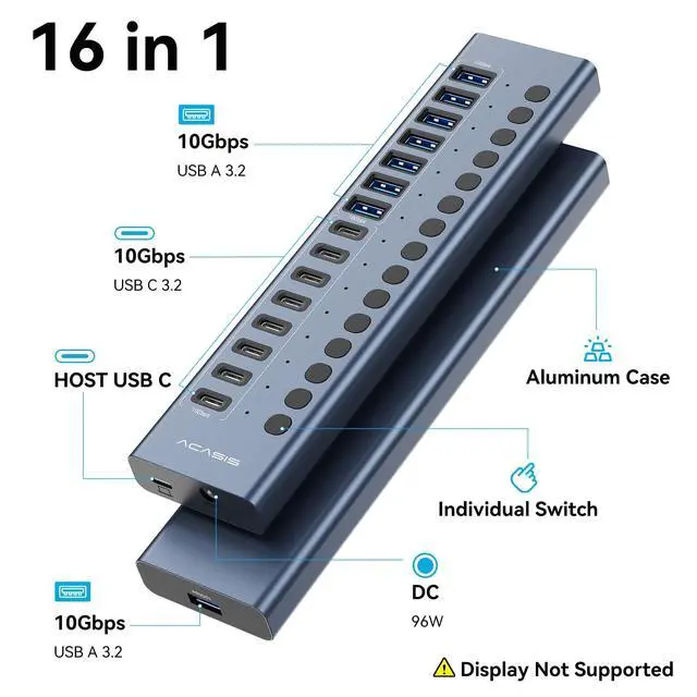 Alt view image 2 of 7 - Powered USB 3.2 Hub, ACASIS 16 Ports USB 3.2 Hub(8 USB-A 3.2 Ports+8 USB-C 3.2 Ports), Aluminum USB Hub Powered with 96W Power Adapter, USB Hub for PC/Laptop, Computer, Flash Drive, Printer, Camera