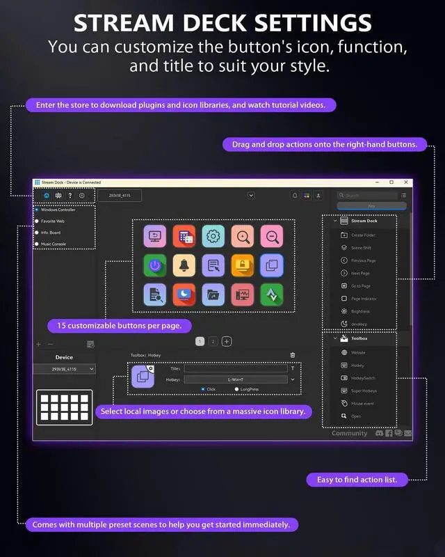 Alt view image 6 of 7 - GuileKeys Stream Controller Deck with 15 Macro Keys,Studio Controller Actions in OBS/Twitch/YouTube and More, Upgrade Version 3.0 Streaming Deck Keyboard Compatible with Mac/PC