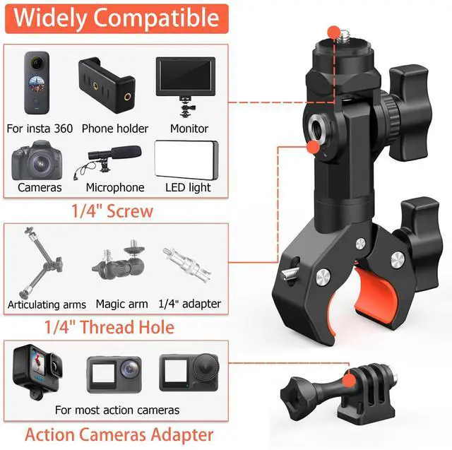 Alt view image 4 of 7 - Bike Motorcycle Handlebar Camera Clamp Mount for Gopro Insta360 X5 X4 X3 X2 ONE RS R Mevo Start DJI Action Cameras, Super Clamp Bracket with 1/4" Thread Interface Magic Arm for Moto/Bicycle/Pole