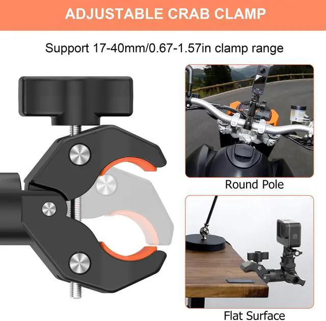 Alt view image 3 of 7 - Bike Motorcycle Handlebar Camera Clamp Mount for Gopro Insta360 X5 X4 X3 X2 ONE RS R Mevo Start DJI Action Cameras, Super Clamp Bracket with 1/4" Thread Interface Magic Arm for Moto/Bicycle/Pole