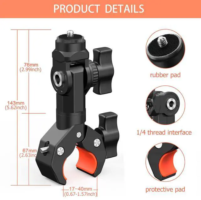 Alt view image 5 of 7 - Bike Motorcycle Handlebar Camera Clamp Mount for Gopro Insta360 X5 X4 X3 X2 ONE RS R Mevo Start DJI Action Cameras, Super Clamp Bracket with 1/4" Thread Interface Magic Arm for Moto/Bicycle/Pole