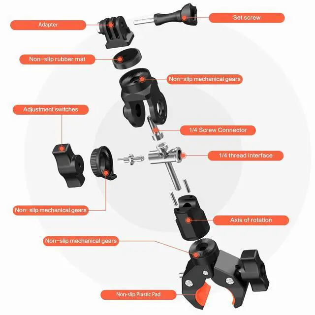 Alt view image 7 of 7 - Bike Motorcycle Handlebar Camera Clamp Mount for Gopro Insta360 X5 X4 X3 X2 ONE RS R Mevo Start DJI Action Cameras, Super Clamp Bracket with 1/4" Thread Interface Magic Arm for Moto/Bicycle/Pole