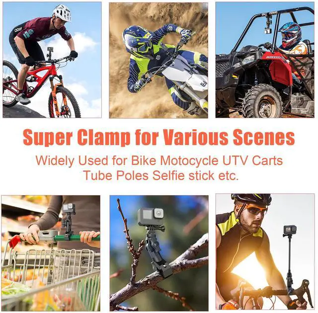 Alt view image 6 of 7 - Bike Motorcycle Handlebar Camera Clamp Mount for Gopro Insta360 X5 X4 X3 X2 ONE RS R Mevo Start DJI Action Cameras, Super Clamp Bracket with 1/4" Thread Interface Magic Arm for Moto/Bicycle/Pole