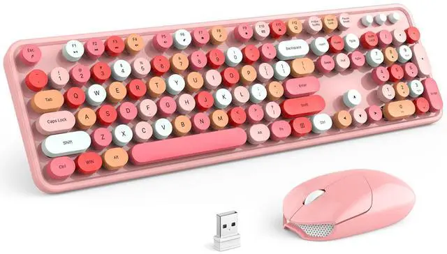 Main image of Wireless Keyboard and Mouse Combo, Pink 104 Keys Full-Sized 2.4 GHz Round Keycap Colorful Keyboards, USB Receiver Plug and Play, for Windows, Mac, PC, Laptop, Desktop