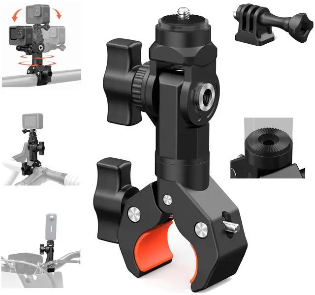 Main image of Bike Motorcycle Handlebar Camera Clamp Mount for Gopro Insta360 X5 X4 X3 X2 ONE RS R Mevo Start DJI Action Cameras, Super Clamp Bracket with 1/4" Thread Interface Magic Arm for Moto/Bicycle/Pole