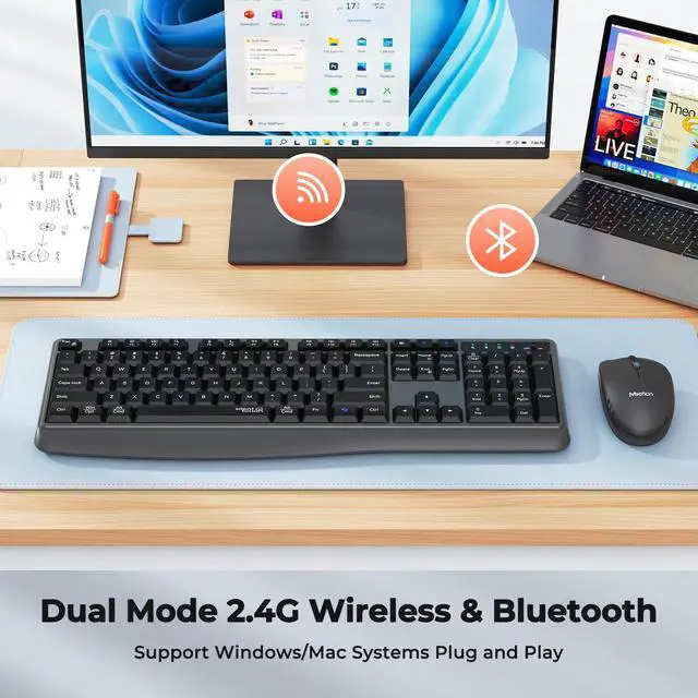 Alt view image 2 of 6 - Wireless Keyboard and Mouse Combo, 2.4G/Bluetooth Silent Full-Size Cordless Keyboard Mouse Combo, 3800 DPI Optical Mouse, Wrist Rest, Portable Keyboard Mouse Set for Mac, Windows, PC