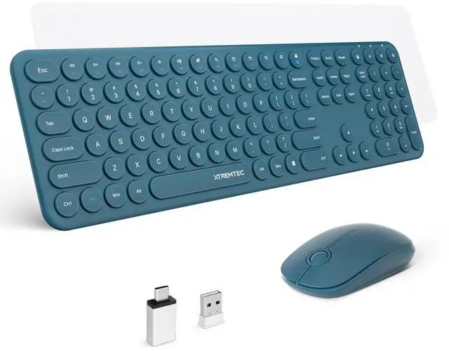 Main image of 2.4GHz Full Size XTREMTEC Wireless Keyboard and Mouse Combo,Ultra Slim Silent Cute Aesthetic Retro Round Keycap Keyboard,Cordless Quiet Blue Keyboard and Mouse Wireless for Windows,Mac OS (Blue)