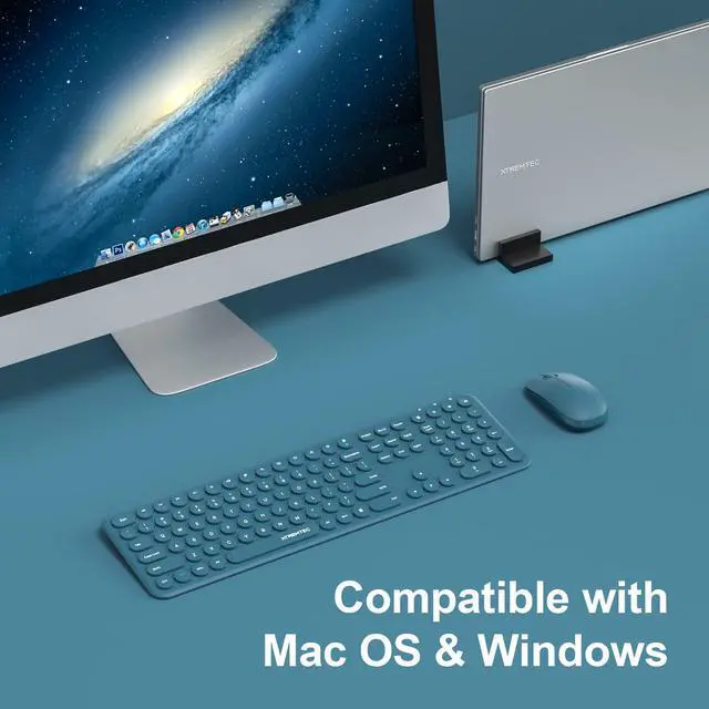 Alt view image 7 of 7 - 2.4GHz Full Size XTREMTEC Wireless Keyboard and Mouse Combo,Ultra Slim Silent Cute Aesthetic Retro Round Keycap Keyboard,Cordless Quiet Blue Keyboard and Mouse Wireless for Windows,Mac OS (Blue)