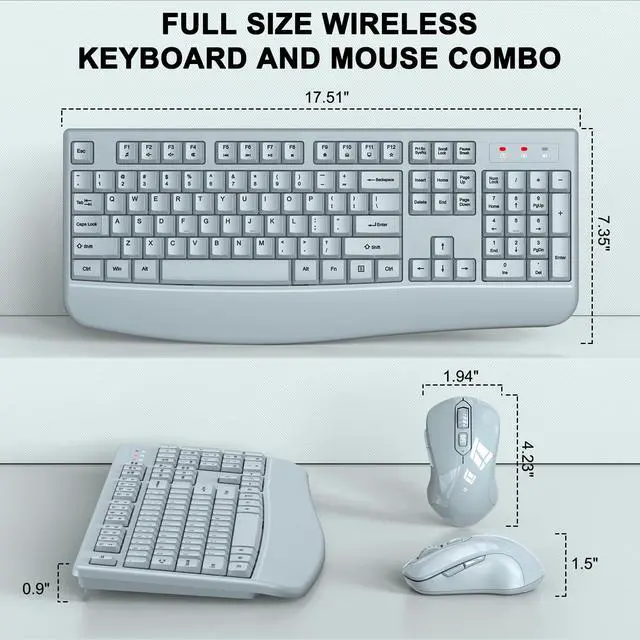Alt view image 6 of 7 - Wireless Keyboard and Mouse Combo, ULSOU 2.4G Full-Sized Ergonomic Computer Keyboard with Wrist Rest and 3 Level DPI Adjustable Wireless Mouse for Windows, Mac OS Desktop/Laptop/PC(Grey)