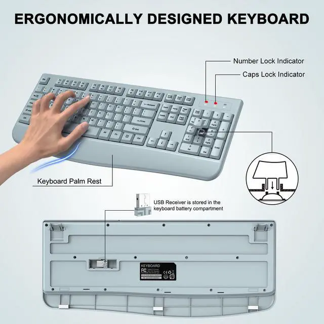 Alt view image 2 of 7 - Wireless Keyboard and Mouse Combo, ULSOU 2.4G Full-Sized Ergonomic Computer Keyboard with Wrist Rest and 3 Level DPI Adjustable Wireless Mouse for Windows, Mac OS Desktop/Laptop/PC(Grey)