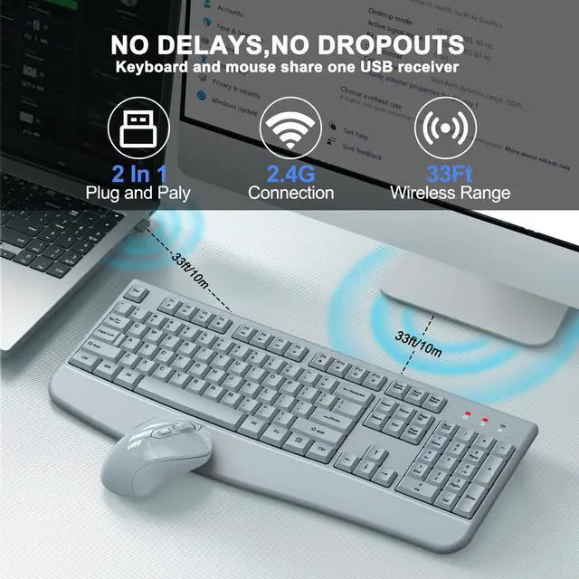 Alt view image 4 of 7 - Wireless Keyboard and Mouse Combo, ULSOU 2.4G Full-Sized Ergonomic Computer Keyboard with Wrist Rest and 3 Level DPI Adjustable Wireless Mouse for Windows, Mac OS Desktop/Laptop/PC(Grey)