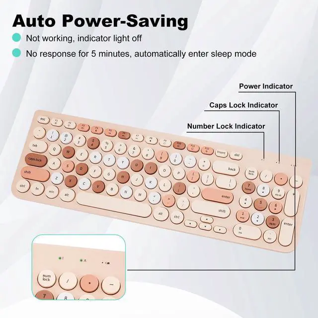Alt view image 3 of 7 - Wireless Keyboard and Mouse Combo, Retro Typewriter Keyboard with Round Keycaps, 2.4GHz USB Cute Wireless Keyboard Mouse for Computer, Desktop, Laptop (Milk Tea Colorful)