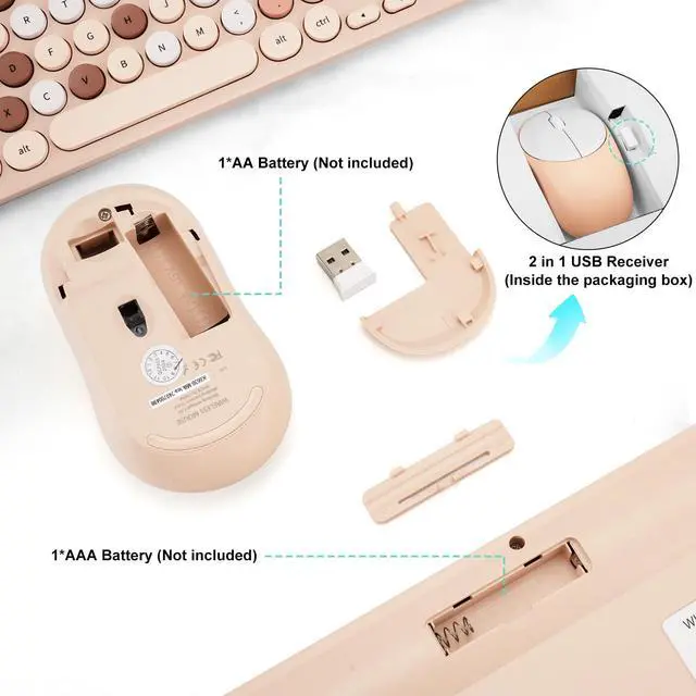 Alt view image 5 of 7 - Wireless Keyboard and Mouse Combo, Retro Typewriter Keyboard with Round Keycaps, 2.4GHz USB Cute Wireless Keyboard Mouse for Computer, Desktop, Laptop (Milk Tea Colorful)