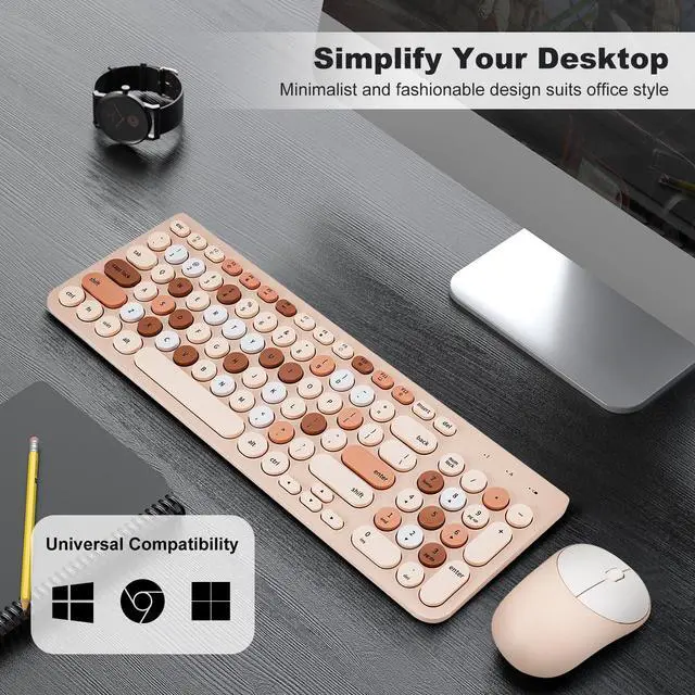 Alt view image 7 of 7 - Wireless Keyboard and Mouse Combo, Retro Typewriter Keyboard with Round Keycaps, 2.4GHz USB Cute Wireless Keyboard Mouse for Computer, Desktop, Laptop (Milk Tea Colorful)