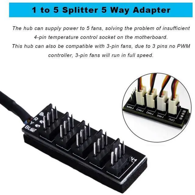 Alt view image 3 of 5 - 4 Pin PWM Fan Hub, PC Internal Fan Power Supply Extension Cable (13-Inch, 24AWG), 4 Pin & 3 Pin CPU Cooler Cooling Fan 1 to 5 Splitter 5 Way Adapter