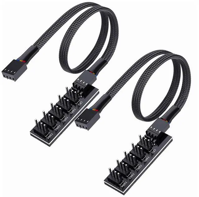 Main image of 2 Pack Cooling Fan 1 to 5 Hub, All 4 Pin Cooling Fans Power Extension Cable for PC Case Internal Motherboard Fan, 5 Way Splitter Wire for ATX Computer Case, Sleeved Braided (16 inches)