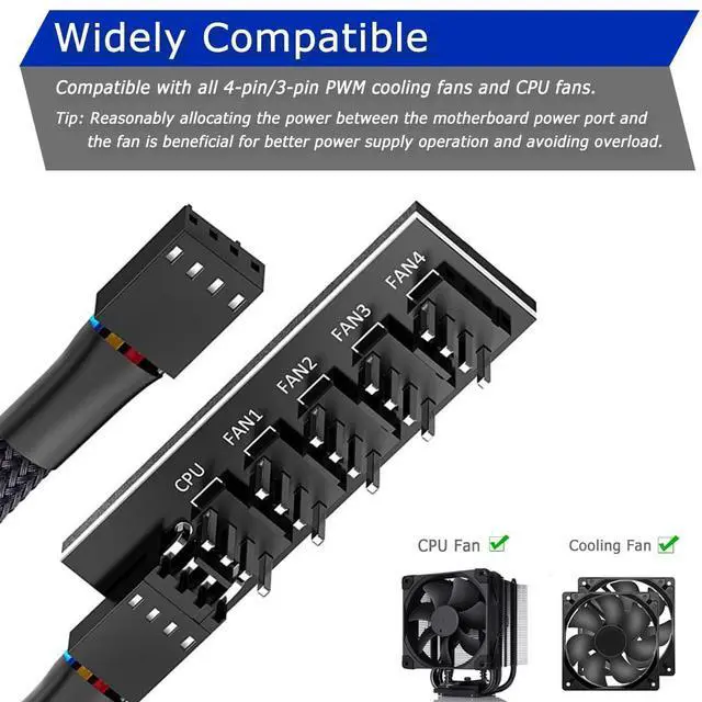 Alt view image 3 of 7 - 2 Pack Cooling Fan 1 to 5 Hub, All 4 Pin Cooling Fans Power Extension Cable for PC Case Internal Motherboard Fan, 5 Way Splitter Wire for ATX Computer Case, Sleeved Braided (16 inches)