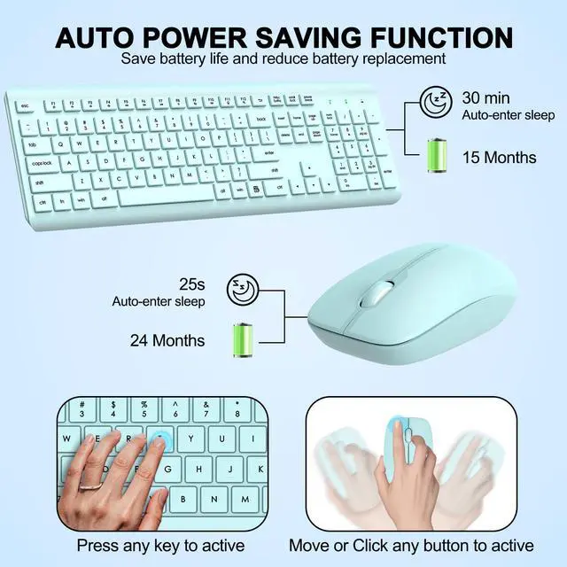 Alt view image 3 of 7 - Wireless Keyboard and Mouse Combo, Full Size Silent Ergonomic Keyboard and Mouse, Long Battery Life, Optical Mouse, 2.4G Lag-Free Cordless Mice Keyboard for Computer, Mac, Laptop, PC, Windows(Green)