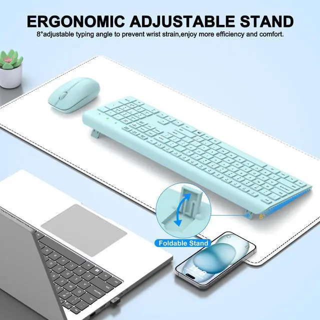 Alt view image 4 of 7 - Wireless Keyboard and Mouse Combo, Full Size Silent Ergonomic Keyboard and Mouse, Long Battery Life, Optical Mouse, 2.4G Lag-Free Cordless Mice Keyboard for Computer, Mac, Laptop, PC, Windows(Green)
