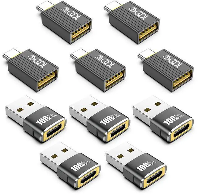 Main image of 10-Pack Set of 100W USB to USB C Adapter - 5Pcs USBA Male to USBC Female Adapter 2.0 and 5Pcs Type C Male to A Female Adaptor 3.0, Compatible with iPhone 17/16/15,iPad, MacBook,Samsung,etc.