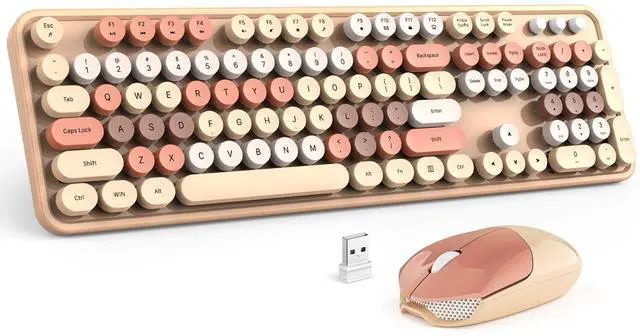 Main image of Wireless Keyboard and Mouse Combo, Milk Tea Colorful Round Key Typewriter Keyboards, 2.4G Full Size Keyboard and Cute Wireless Mice, USB Receiver Plug and Play, for Laptop, PC, Windows