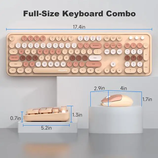 Alt view image 7 of 7 - Wireless Keyboard and Mouse Combo, Milk Tea Colorful Round Key Typewriter Keyboards, 2.4G Full Size Keyboard and Cute Wireless Mice, USB Receiver Plug and Play, for Laptop, PC, Windows