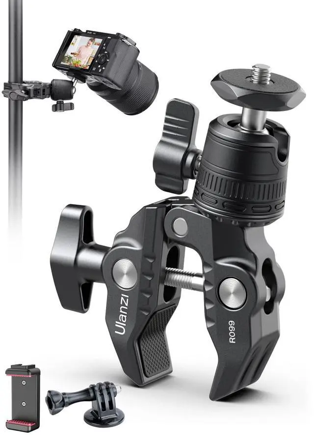 Main image of ULANZI R099 Super Clamp Camera Mount - Heavy Duty 3.3lb Load Metal Clamp with 360° Ball Head for Action Cameras (GoPro/Insta360/DJI), DSLR, Bike/Motorcycle Handlebar, Pole/Tube Mount Accessories
