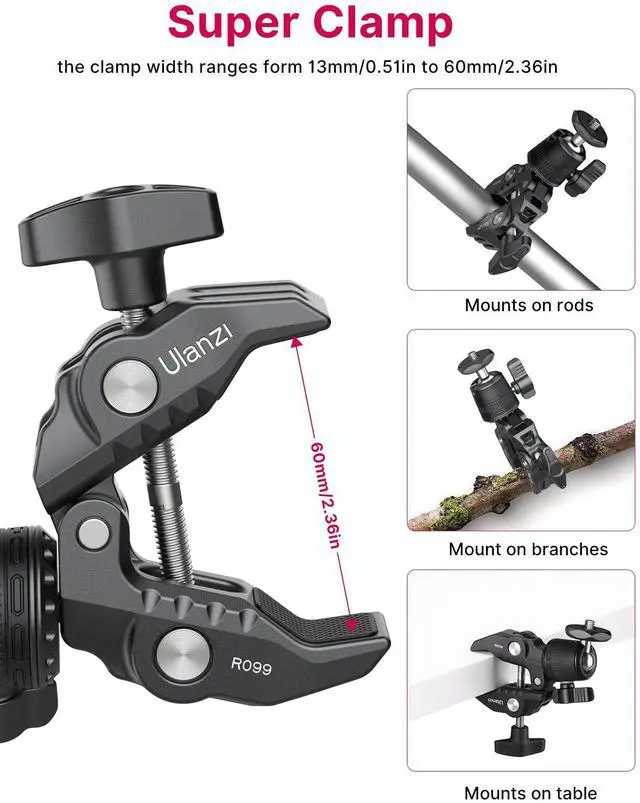 Alt view image 5 of 6 - ULANZI R099 Super Clamp Camera Mount - Heavy Duty 3.3lb Load Metal Clamp with 360° Ball Head for Action Cameras (GoPro/Insta360/DJI), DSLR, Bike/Motorcycle Handlebar, Pole/Tube Mount Accessories