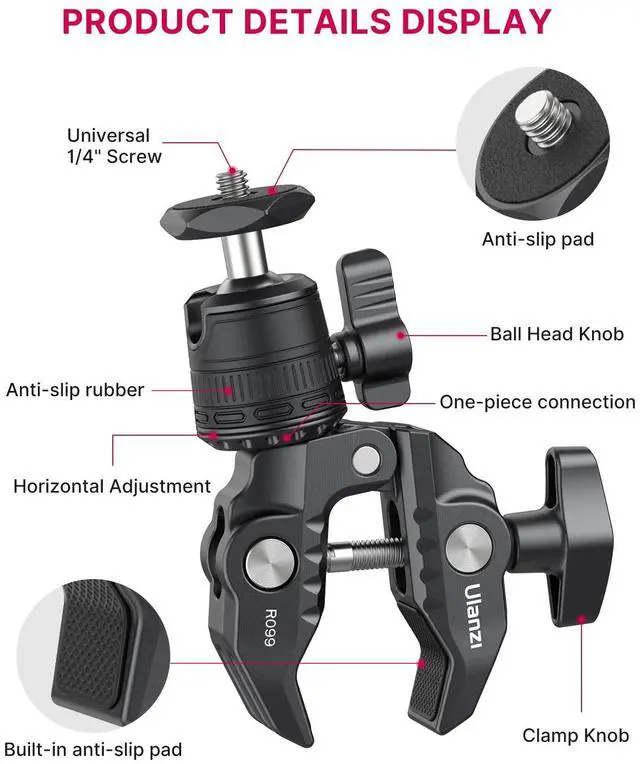Alt view image 6 of 6 - ULANZI R099 Super Clamp Camera Mount - Heavy Duty 3.3lb Load Metal Clamp with 360° Ball Head for Action Cameras (GoPro/Insta360/DJI), DSLR, Bike/Motorcycle Handlebar, Pole/Tube Mount Accessories