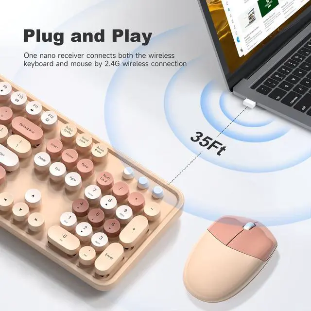 Alt view image 2 of 7 - Wireless Keyboard and Mouse Combo, Milk Tea Colorful Round Key Typewriter Keyboards, 2.4G Full Size Keyboard and Cute Wireless Mice, USB Receiver Plug and Play, for Laptop, PC, Windows