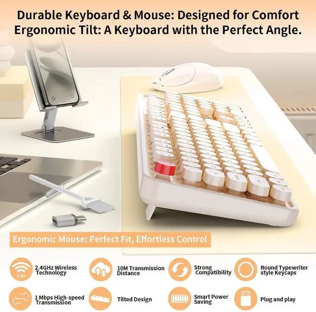 Alt view image 2 of 7 - Wireless Keyboard and Mouse, MOFII 104 Round Keycaps Retro Typewriter with OTG & Brush, Full-Size Ergonomic, Ideal for Windows PC, Home, Office and College Brown
