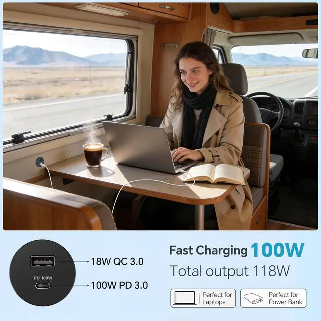 Alt view image 2 of 7 - 118W 12V USB Outlet 100W Type-C Laptop Car Charger,18W QC3.0 USB-A Dual Port Fast Charging Socket, Replacement Car Charger Accessories for RV Camper Trailer Truck Boat Golf (1Pcs)